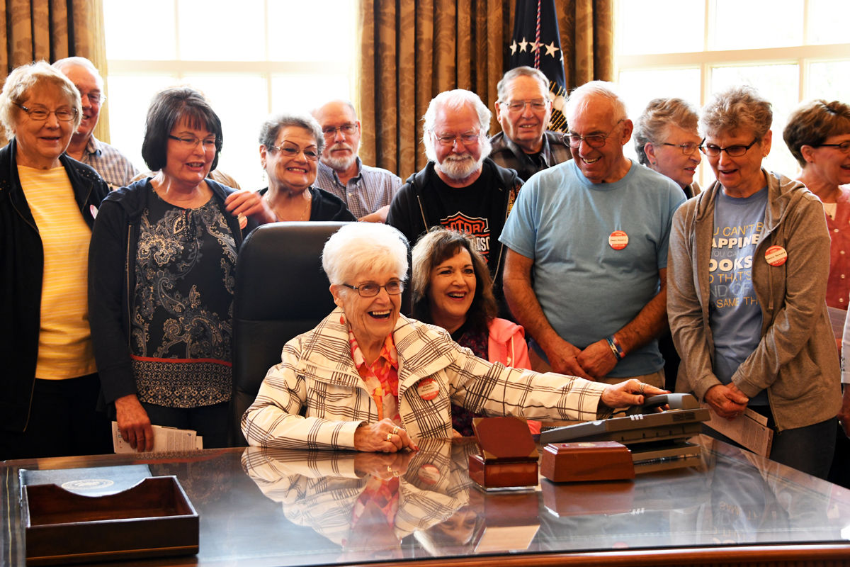318 The Fun Club enjoys a lighter moment in the George W Bush re-created Oval Office.JPG
